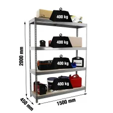 Estantería Metálica SimonRack: 2000x1500x450 mm, 4 Baldas de madera, 400 kg por balda, sin tornillos