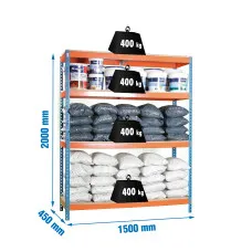 Estantería Metálica SimonRack: 2000x1500x450 mm, 4 Baldas de madera, 400 kg por balda, sin tornillos