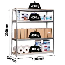 Estantería Metálica SimonRack: 2000x1800x600 mm, 4 Baldas de madera, 400 kg por balda, sin tornillos
