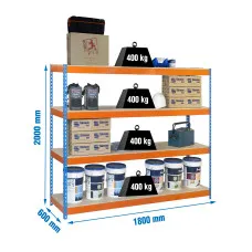Estantería Metálica SimonRack: 2000x1800x600 mm, 4 Baldas de madera, 400 kg por balda, sin tornillos