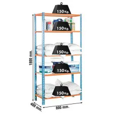 Estantería Metálica SimonRack: 1800x800x400 mm, 5 Baldas de madera, 150 kg por balda, sin tornillos