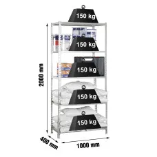 Estantería Metálica SimonRack: 2000x1000x400 mm, 5 Baldas de madera, 150 kg por balda, sin tornillos