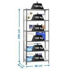 Estantería Metálica SimonRack: 2500x900x400 mm, 6 Baldas de metal, 180 kg por balda, sin tornillos