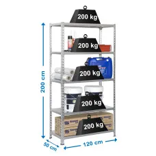 Estantería Metálica SimonRack: 2000x1200x500 mm, 5 Baldas de metal, 200 kg por balda, sin tornillos