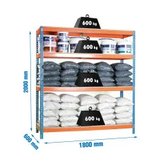 Estantería Metálica SimonRack: 2000x1800x600 mm, 4 Baldas de madera, 600 kg por balda, sin tornillos